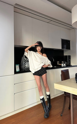 Mixed Dot Print Drawstring Shorts with Graphic Cut