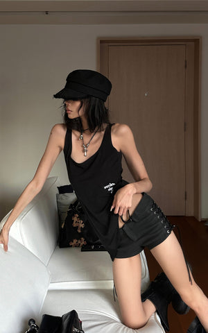 Side Lace-Up Utility Shorts with Elongated Drawstrings and Belt Loops