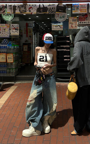 Distressed Wide-Leg Denim Pants