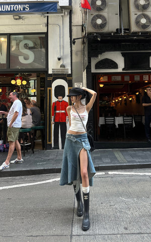 Asymmetric Pocket Flare Denim Skirt with Deconstructed Belt Detail