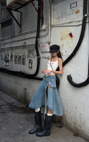 Asymmetric Pocket Flare Denim Skirt with Deconstructed Belt Detail