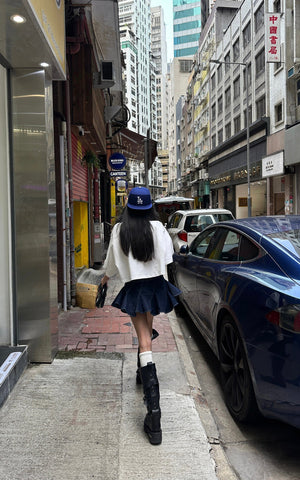 Asymmetric Pleated Denim Mini Skirt with Built-in Shorts