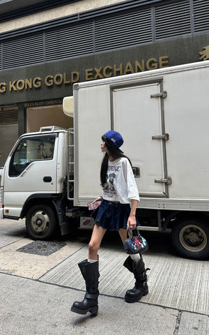 Asymmetric Pleated Denim Mini Skirt with Built-in Shorts