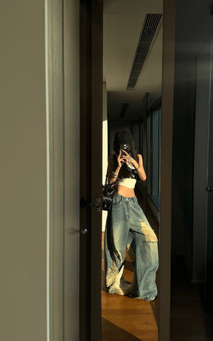 Distressed Wide-Leg Denim Pants