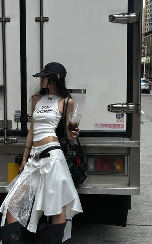 Ribbed Racerback Tank Top with Contrast Lettering