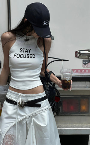 Ribbed Racerback Tank Top with Contrast Lettering