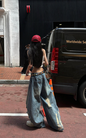 Distressed Wide-Leg Denim Pants