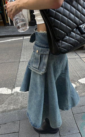 Asymmetric Pocket Flare Denim Skirt with Deconstructed Belt Detail