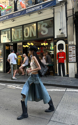Asymmetric Pocket Flare Denim Skirt with Deconstructed Belt Detail