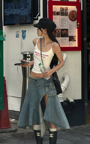 Asymmetric Pocket Flare Denim Skirt with Deconstructed Belt Detail