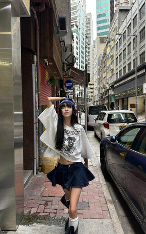 Asymmetric Pleated Denim Mini Skirt with Built-in Shorts