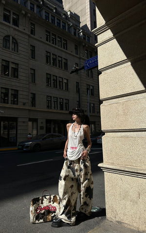 Wide-Leg Bleach Denim Pants with Pleat Details