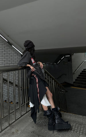 Asymmetric Pinstripe Mini Skirt with Tie Detail and Lace Trim