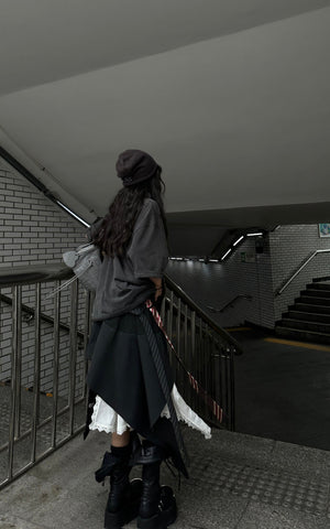 Asymmetric Pinstripe Mini Skirt with Tie Detail and Lace Trim