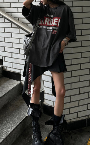 Asymmetric Pinstripe Mini Skirt with Tie Detail and Lace Trim