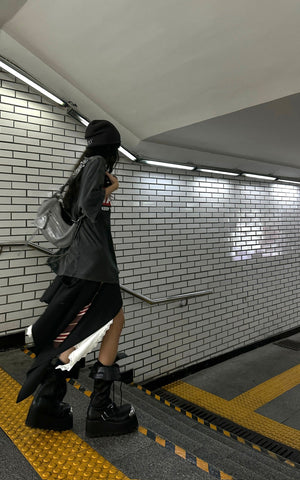 Asymmetric Pinstripe Mini Skirt with Tie Detail and Lace Trim