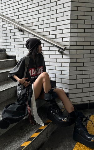 Asymmetric Pinstripe Mini Skirt with Tie Detail and Lace Trim