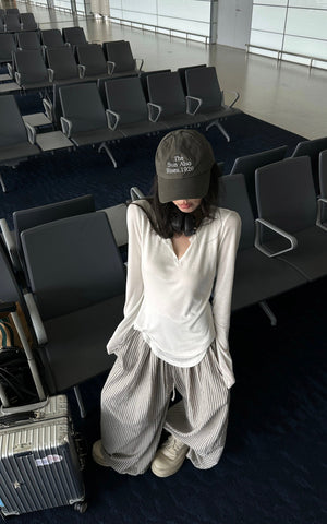 Drawstring Wide Stripe Pants in Washed Linen