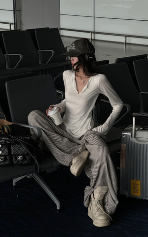 Drawstring Wide Stripe Pants in Washed Linen