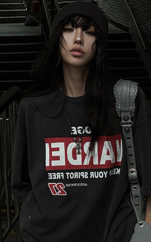 Washed Oversized Tee with Red Letter Print