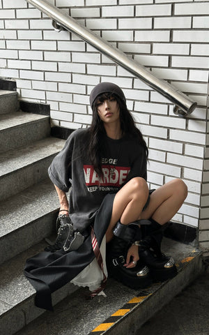 Washed Oversized Tee with Red Letter Print
