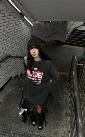 Washed Oversized Tee with Red Letter Print