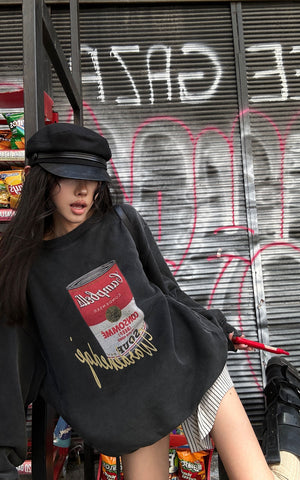 Oversized Graphic Sweatshirt with Vintage Campbell Print and Strap Hem Detail