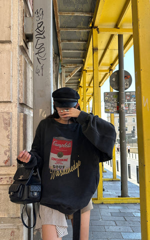 Oversized Graphic Sweatshirt with Vintage Campbell Print and Strap Hem Detail