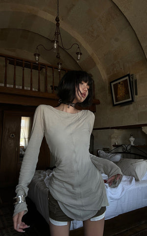 Asymmetric Long Sleeve T-Shirt with Raw Edge Details