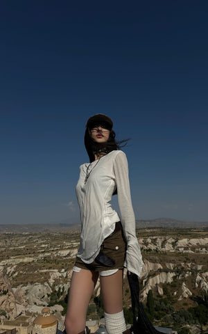 Asymmetric Long Sleeve T-Shirt with Raw Edge Details