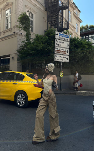 Wide Leg Cargo Pants with Strap Details and Detachable Pocket