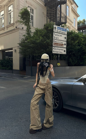 Wide Leg Cargo Pants with Strap Details and Detachable Pocket