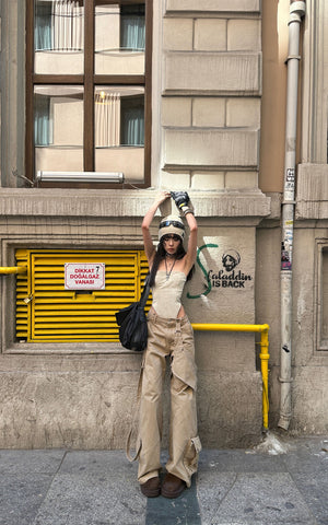 Wide Leg Cargo Pants with Strap Details and Detachable Pocket