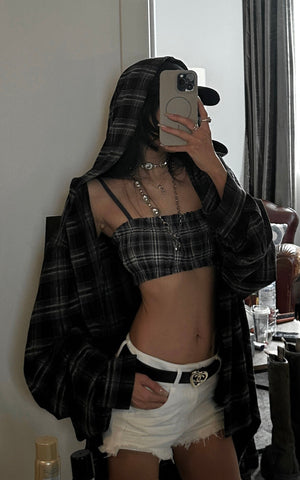 Plaid Strapless Crop Top with Ruched Elastic Detail