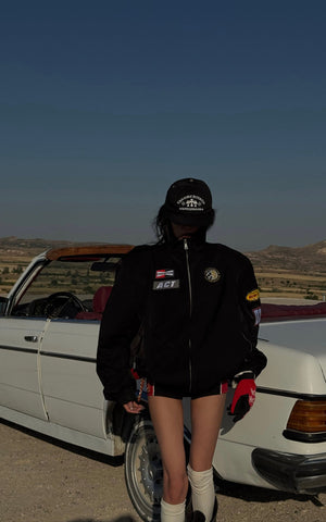 Racing Patch Zip Jacket with Elastic Cuffs and Retro Embroidery