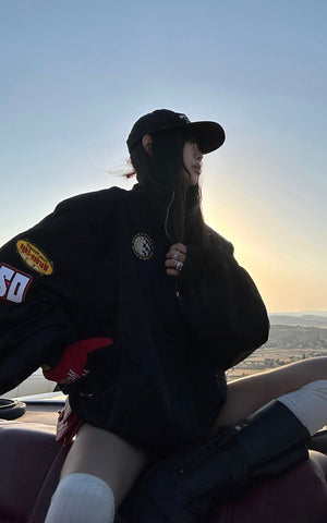 Racing Patch Zip Jacket with Elastic Cuffs and Retro Embroidery