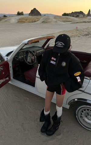 Racing Patch Zip Jacket with Elastic Cuffs and Retro Embroidery