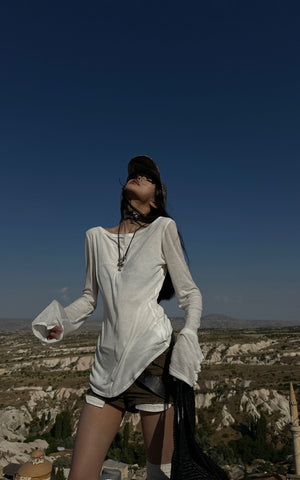 Asymmetric Long Sleeve T-Shirt with Raw Edge Details