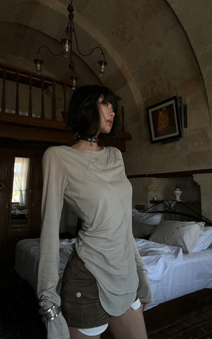Asymmetric Long Sleeve T-Shirt with Raw Edge Details
