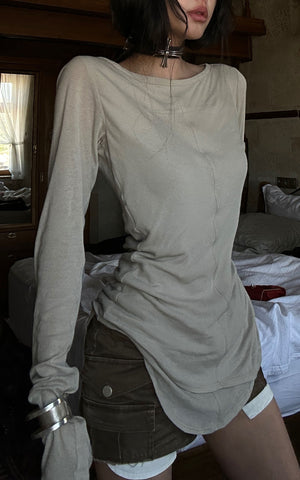 Asymmetric Long Sleeve T-Shirt with Raw Edge Details