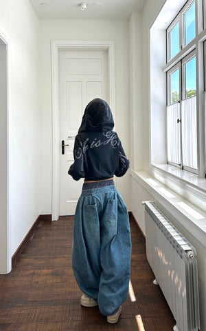 Elastic Waist Wide Leg Denim Pants