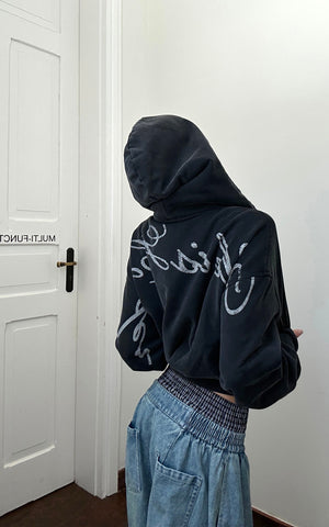 Cropped Hoodie Minimal Streetwear Pullover with Graphic Back Print