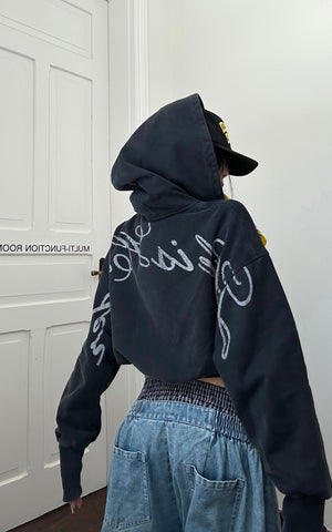 Cropped Hoodie Minimal Streetwear Pullover with Graphic Back Print