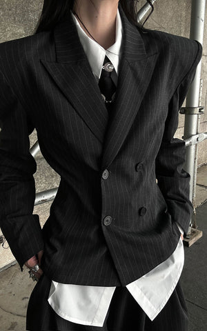 Pinstripe Suit Set with Blazer Shirt and Wide Trousers
