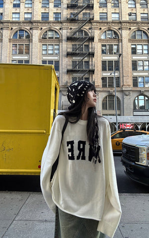 Oversized Knit Sweater with Distressed Bold WRE Logo