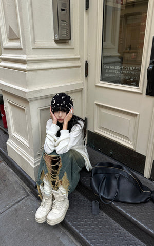 Distressed Denim Skirt with Deconstructed Hem and Vintage Washed Edge