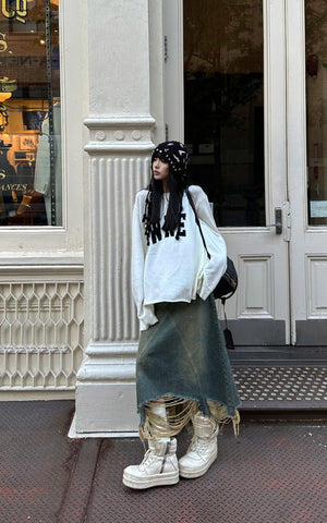 Distressed Denim Skirt with Deconstructed Hem and Vintage Washed Edge