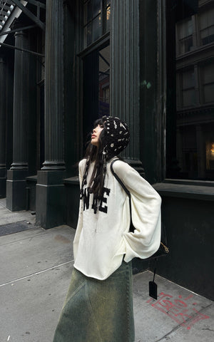 Oversized Knit Sweater with Distressed Bold WRE Logo