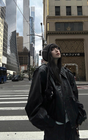 Cropped Leather Jacket with Epaulettes and Utility Pockets