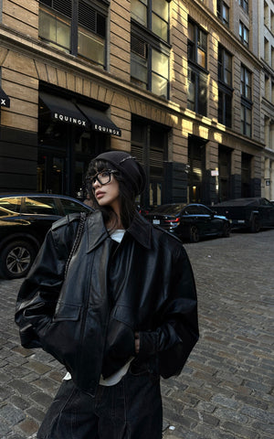 Cropped Leather Jacket with Epaulettes and Utility Pockets
